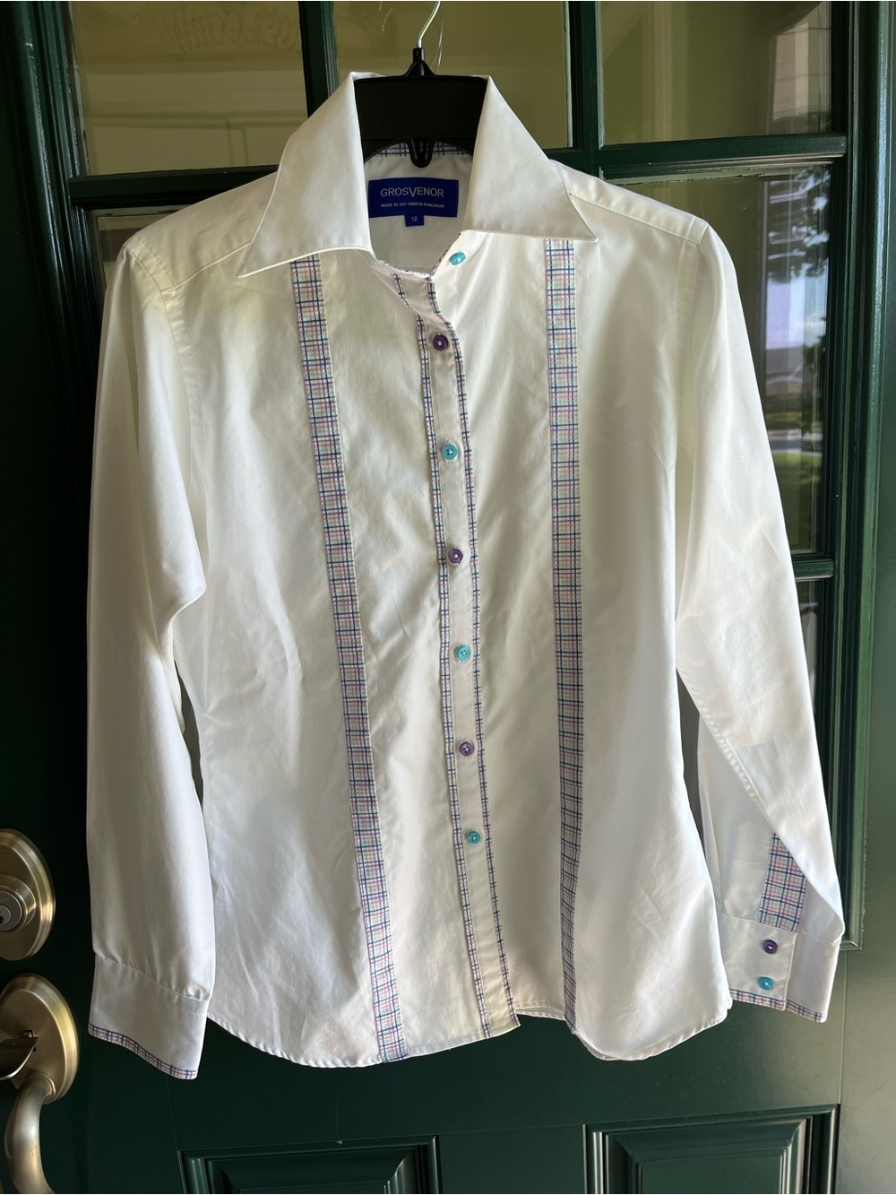 Grosvenor White  Long-Sleeve Dress Shirt with Colorful Placket & Buttons